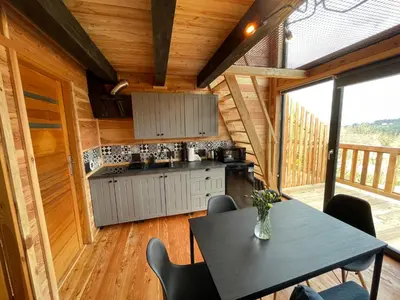a kitchen with a table and chairs in a cabin at Modrzewiowe Domki w Koszarawie in Koszarawa