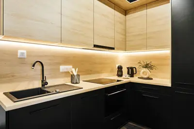 a kitchen with black cabinets and a sink at Main Station Art Apartment in Kraków