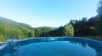 a swimming pool with a view of the mountains at Agroturystyka Millerówka in Kamionka Mała