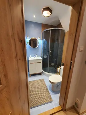 a bathroom with a shower and a toilet and a sink at Komfortowo i cicho - Apartament in Kraków