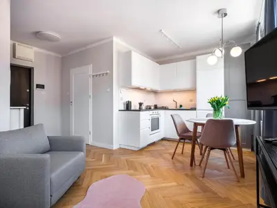 a living room with a couch and a table at Tyzenhauz Apartments Rakowicka Street in Kraków