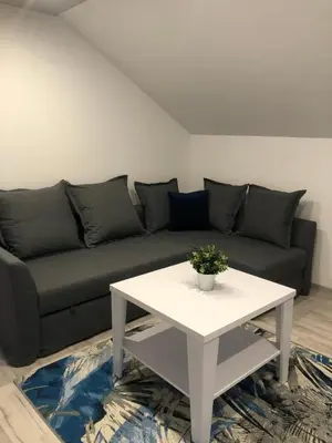 a living room with a black couch and a white coffee table at Apartamenty MAX blisko Energylandia in Ryczów