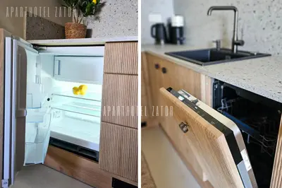 an empty kitchen with a sink and an empty refrigerator at Aparthotel ZATOR Cactus 57 jacuzzi in Zator