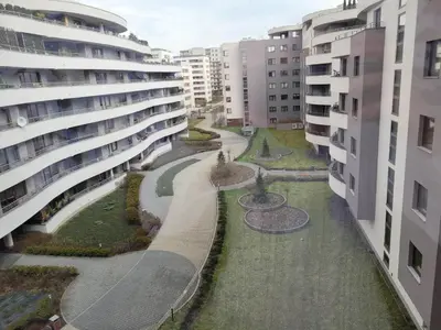 an aerial view of a courtyard between two buildings at Apartment Sophie 3 rooms, 2 bathrooms, 8 persons in Kraków