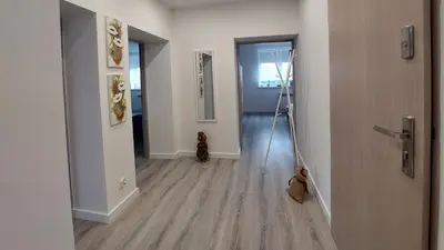 a dog is standing in the hallway of a house at Apartament Emmi in Imielin