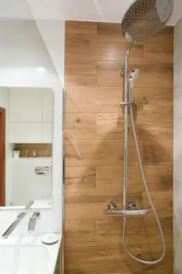 a shower in a bathroom with a wooden wall at Modern and comfortable with a bedroom in Kraków