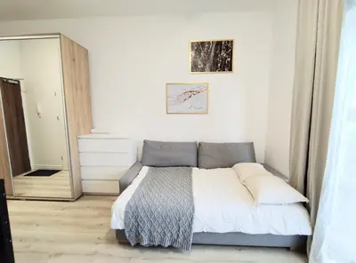 a bedroom with a bed and a mirror at White Studio in Wieliczka