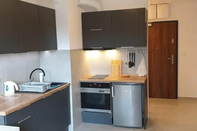a kitchen with black cabinets and a sink and a dishwasher at Wygodny apartament niedaleko centrum by Krakow Home in Kraków