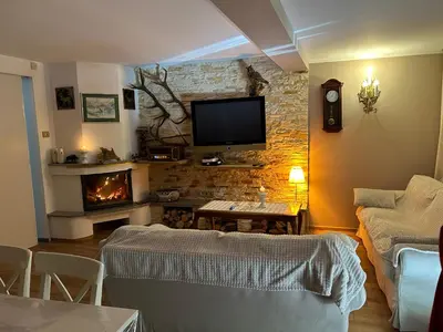 a living room with a fireplace and a tv at Koperkowe Rancho Beskid Wyspowy Domek Małopolskie KAMIONNA in Kamionna