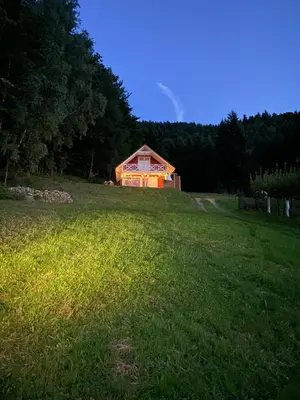 a house in the middle of a grass field at Forest house in Targanice