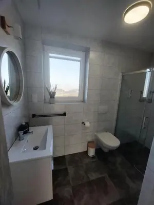 a bathroom with a sink and a toilet and a window at Zasankowe Wzgórze in Zasań