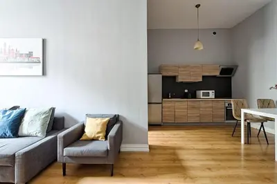 a living room with a couch and a kitchen at Urban Nest Apartments Krakowska 10 in Kraków