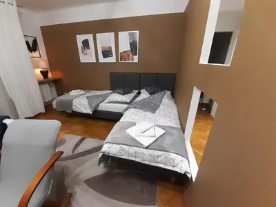 a view of a bedroom with two beds at Max Apartament okolice Energylandia Zator in Oświęcim
