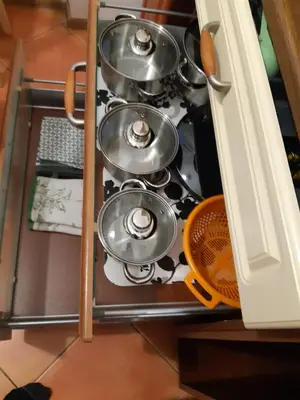 a group of pots and pans on a stove at Max Apartament okolice Energylandia Zator in Oświęcim