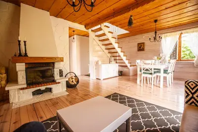 a living room with a fireplace and wooden ceilings at Dom na Wielkiej Polanie in Sidzina