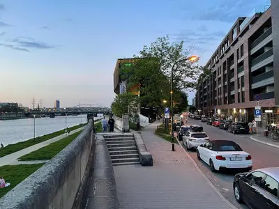 a street with cars parked on the side of the road at Elegant Riverside Flat Garden in Kraków