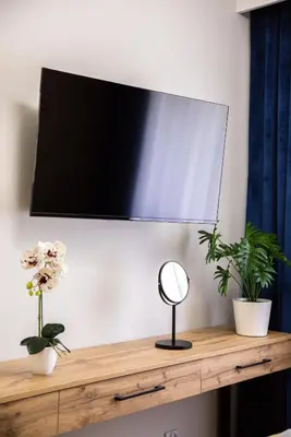 a tv on a wall with two plants on a wooden shelf at Apart Dwudziestolecie in Wadowice
