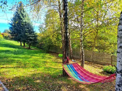 a hammock hanging from a tree in a yard at Brzozowy Zakątek in Bochnia