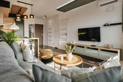 a living room with a couch and a tv at Vermelo Boho Apartment in Kraków
