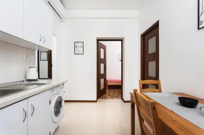 a kitchen with a sink and a washing machine at City of the Kings-Camomile Apartment in Kraków