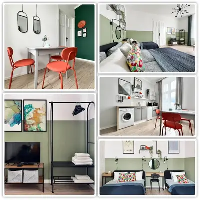 a collage of different pictures of a room at GREEN APARTMENTS #Kazimierz, building A in Kraków