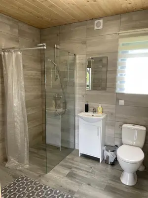 a bathroom with a shower and a toilet and a sink at Brzozowy Zakątek Zator in Zator