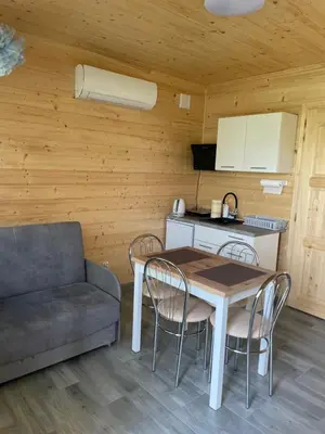 a kitchen with a table and chairs and a couch at Brzozowy Zakątek Zator in Zator