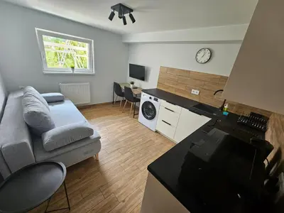 a living room with a couch and a table at Apartament Wojska Polskiego 45 in Wadowice