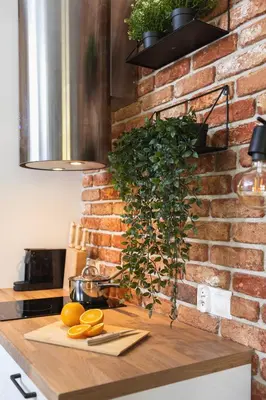 a kitchen with a brick wall and a counter with oranges at Luxurious Apartment Rakowicka Kraków by Renters Prestige in Kraków