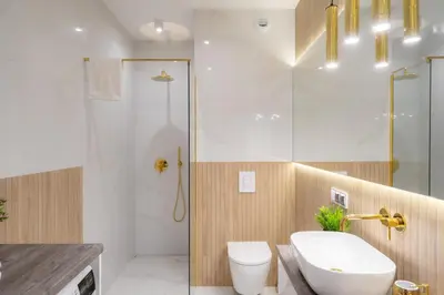 a bathroom with a shower and a toilet and a sink at Exclusive Royal Apartment in Kraków