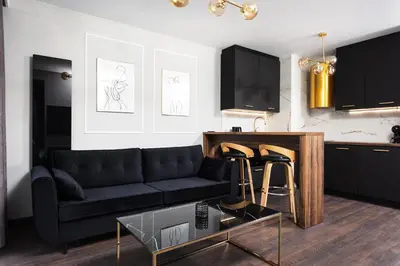 a living room with a black couch and a table at City of the Kings - Onyks Apartment in Kraków