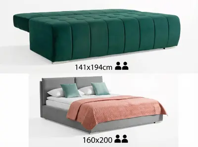 a bed with a green tufted headboard and avertisement for at City Lights Skawińska in Kraków