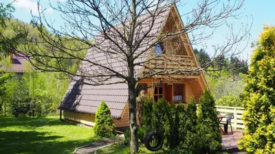 a small house with a tree in the yard at LESNA CHATA - jestesmy 15km od Energylandii, domek wolnostojacy, Beskid Maly in Zagórnik