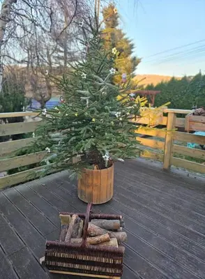 a small pine tree in a wooden pot on a deck at LESNA CHATA - jestesmy 15km od Energylandii, domek wolnostojacy, Beskid Maly in Zagórnik
