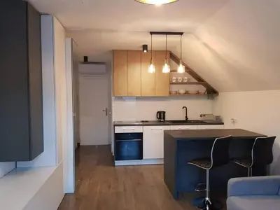 a kitchen with a sink and a counter in a room at Mieszkanie do wynajęcia in Stróża