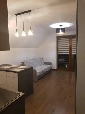 a living room with a bed and a kitchen at Mieszkanie do wynajęcia in Stróża
