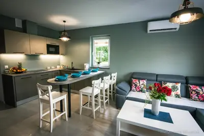 a kitchen and living room with a couch and a table at Apartamenty u Edzi in Zator