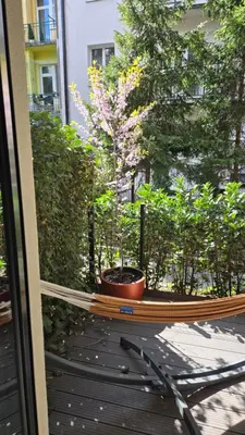 a tree in a pot sitting on a balcony at Luxury Apartments, self check in 24 h & Free Parking in Kraków