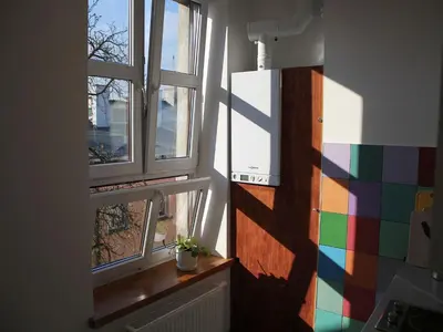 a room with two windows and a potted plant on a window sill at Bianca Studio in Kraków