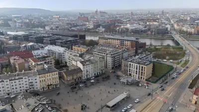an aerial view of a city with buildings and a bridge at Verona House - Premium Apartment in Kraków