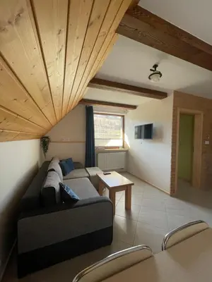 a living room with a couch and a table at PrzyStań w Gorcach in Konina