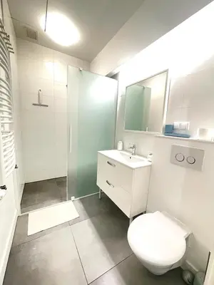 a bathroom with a toilet and a sink and a shower at Snow White Apartment in Kraków