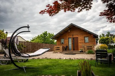 a log cabin with a swing in the yard at Relax domki Zator in Zator