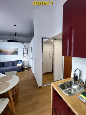 a kitchen and living room with a sink and a couch at Old Town Stage The Studio Suite Quartet in Kraków