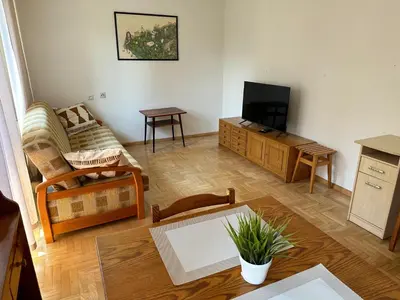 a living room with a couch and a tv at Przestronny apartament w centrum miasta - Mszana M11 in Mszana Dolna