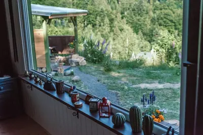 a window sill with a view of a garden at RESETówka nr 1 - chatka na odludziu z mega widokami & leśne SPA in Jaszczurowa