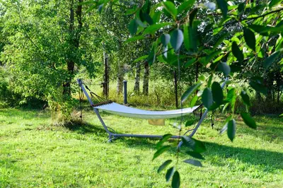 a hammock in the grass in a garden at Domek na wzgórzu in Sosnowice