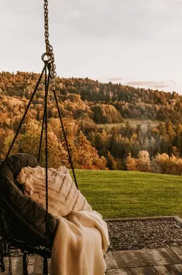 a swing with a view of a field and trees at Domki Bliżej Natury z Jacuzzi in Rabka