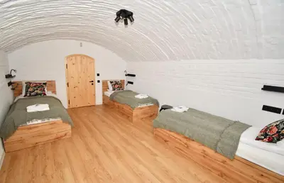 a room with two beds and a cat on the ceiling at Kraków Family Nest in Kraków