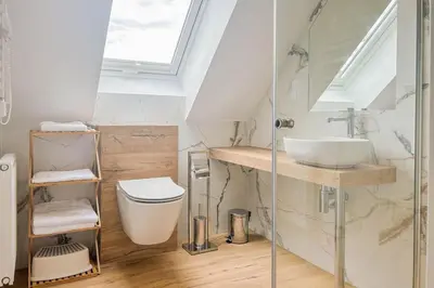 a bathroom with a sink and a toilet at Apartament Ptasi Śpiew 2 in Rabka